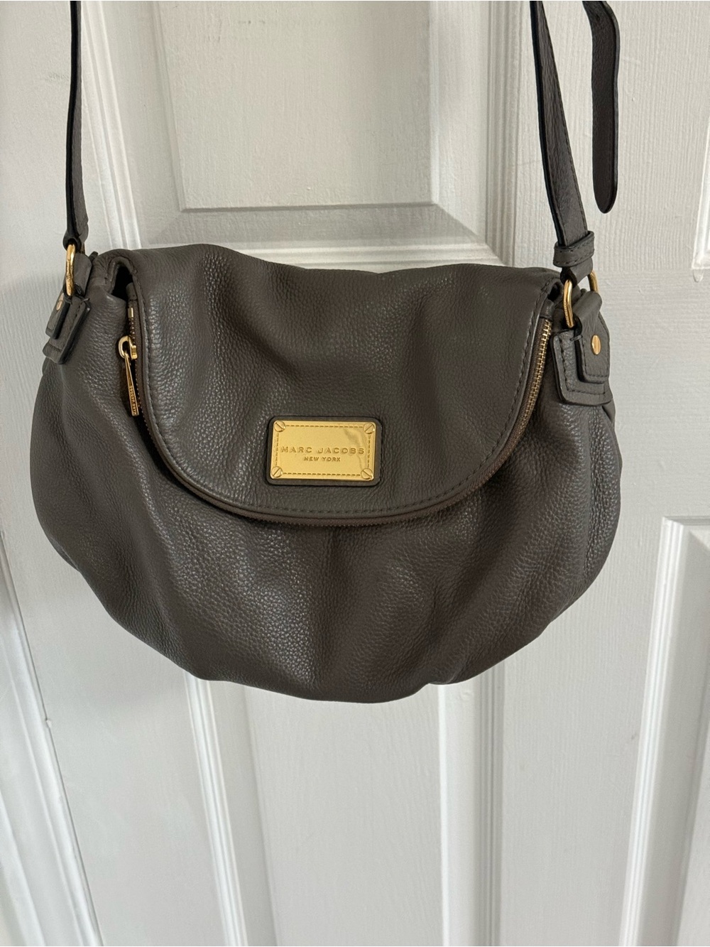 Marc Jacobs Pebbled Leather Crossbody Bag in Dark Gray-Brown with Gold Hardware